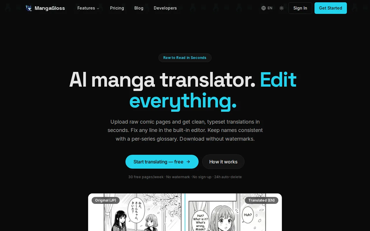 Screenshot of the MangaGloss website