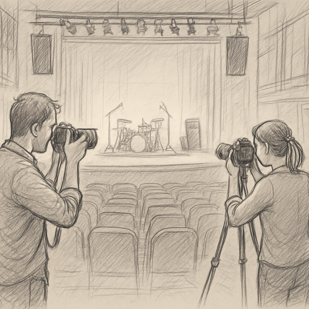 Une salle de concert vide avec des techniciens prenant des photos de repérage, lumière douce, trépied, appareil photo en main. Alt: Photo de repérage technique pour salle de concert