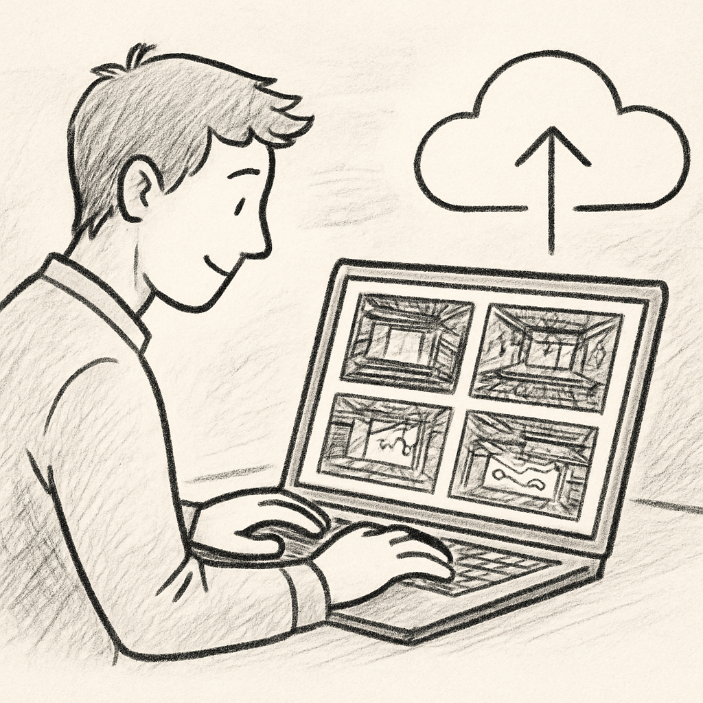 A technician uploading annotated concert venue photos on a laptop, with a cloud icon indicating shared workspace. Alt: Exporter et partager des photos annotées de repérage technique pour salle de concert