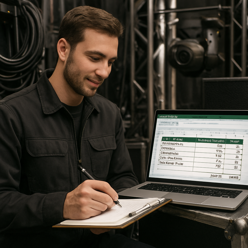 Un technicien avec un carnet et un tableau Excel, entouré de câbles et d’équipements de scène, en train de vérifier la puissance des appareils. Alt: Calcul puissance électrique concert, inventaire appareils, tableau de charge