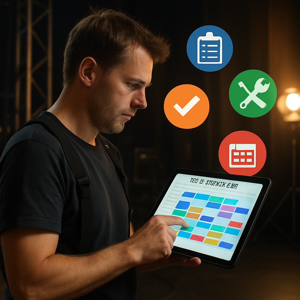 Un technicien consulte son planning sur une tablette au milieu d’une scène, avec des icônes de tâches colorées. Alt: Crew scheduler affiché sur tablette, planification d’équipe technique en temps réel.