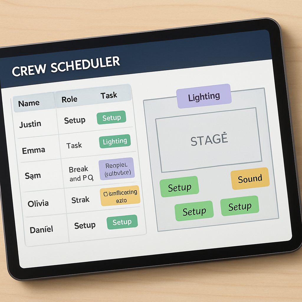 A crew scheduler interface displayed on a tablet next to a stage diagram, showing real‑time task assignments and constraint notes. Alt: crew scheduler performance criteria visualization on mobile device