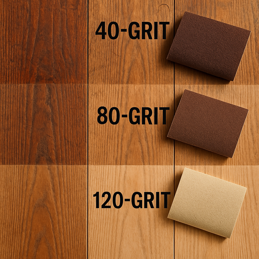 Illustration montrant les différents grains de papier abrasif utilisés sur un plancher en bois, avec effets visibles de chaque étape. Alt: démonstration du ponçage du plancher en bois avec différents grains abrasifs pour un résultat optimal.