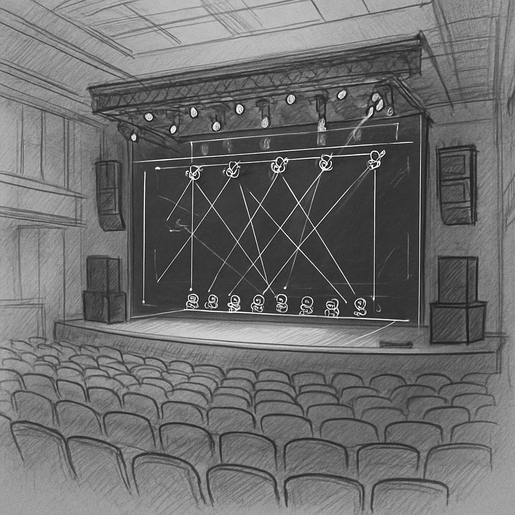 A modern concert venue with a digital lighting plot overlay on the stage layout, showing icons of moving heads and spotlights. Alt: lighting plot software visualisation in a concert hall