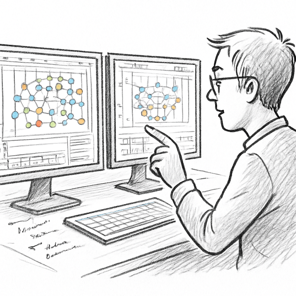 Un technicien comparant plusieurs écrans de lighting plot software, avec des diagrammes colorés et des notes manuscrites. Alt: comparaison lighting plot software