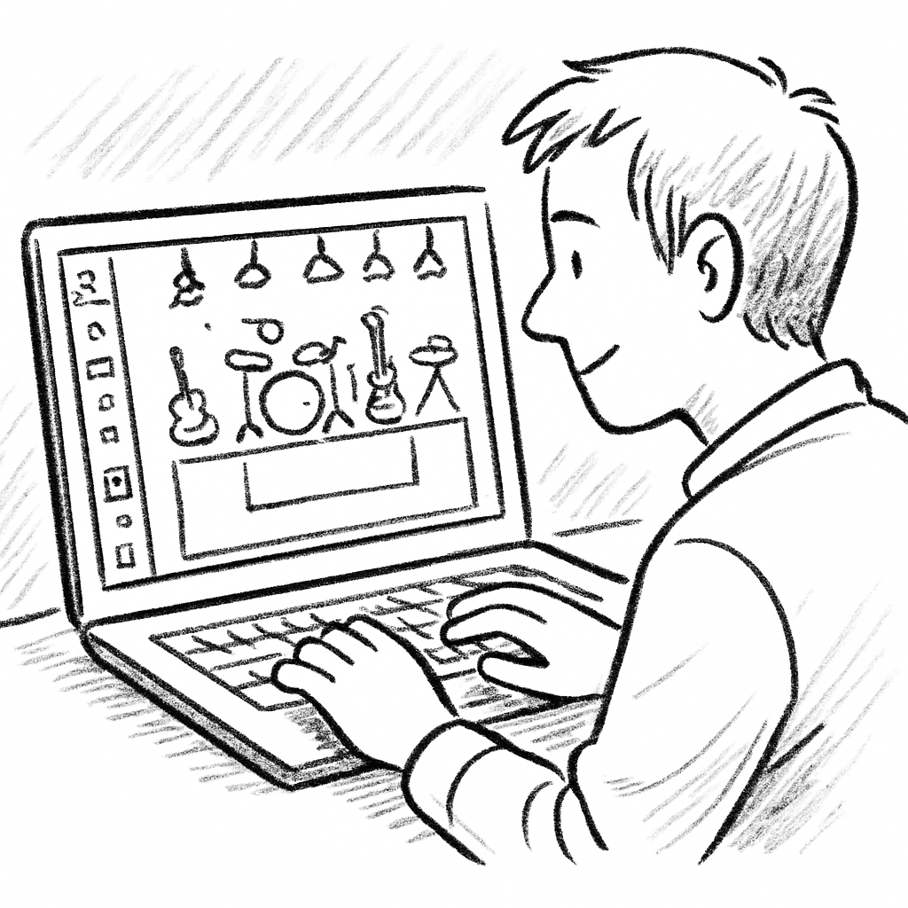 A technician using a free stage plot software on a laptop, overlaying a venue floorplan with instrument and lighting icons. Alt: logiciel plan de scène gratuit illustration