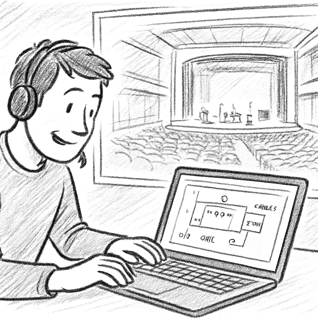 A technician reviewing a stage plot on a laptop while a virtual 3D model of a concert hall is displayed on a screen. Alt: logiciel plan de scène gratuit intégré au workflow de production.
