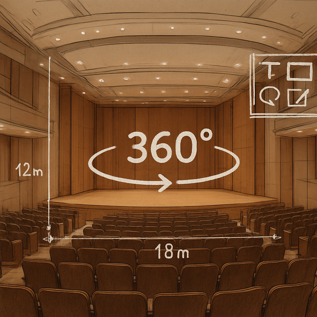 A realistic 3D rendering of a concert hall with a virtual 360° overlay showing measurement tools and annotation icons. Alt: visite virtuelle 360 logiciel mesures et annotations pour salle de concert
