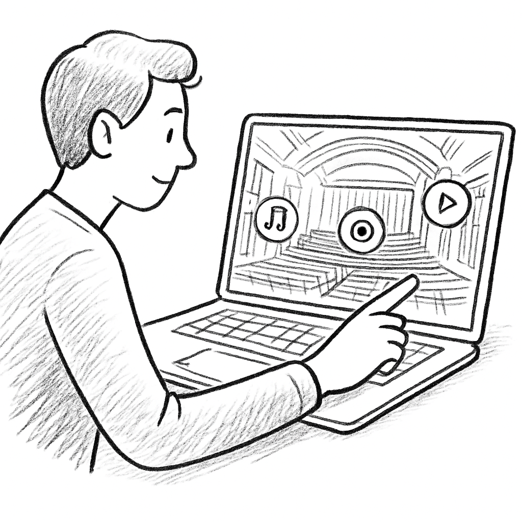 A technician adding interactive hotspots to a virtual 360 tour of a concert hall, showing a laptop screen with icons. Alt: Ajouter des points d’intérêt dans un logiciel de visite virtuelle 360