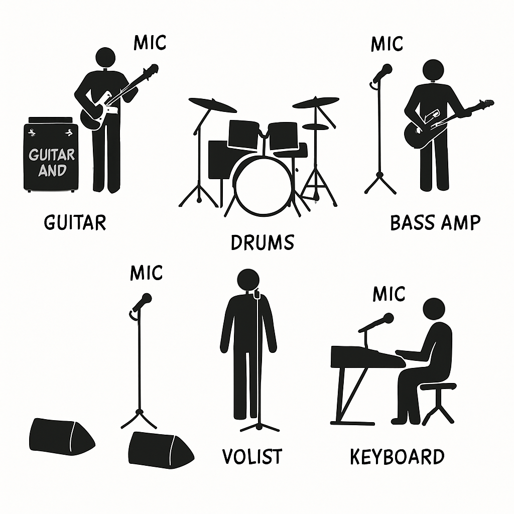 Illustration digitale d'un stage plot généré avec précision, montrant les emplacements des musiciens, micros et équipements. Alt: Exemple de stage plot clair et professionnel créé par un stage plot generator.