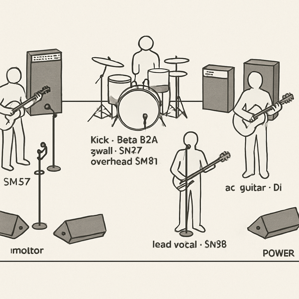 Illustration d’un stage plot generator montrant un plan de scène clair, avec micros, amplis, et détails techniques annotés. Alt: Exemple clair et détaillé d'un plan de scène réalisé avec un stage plot generator.