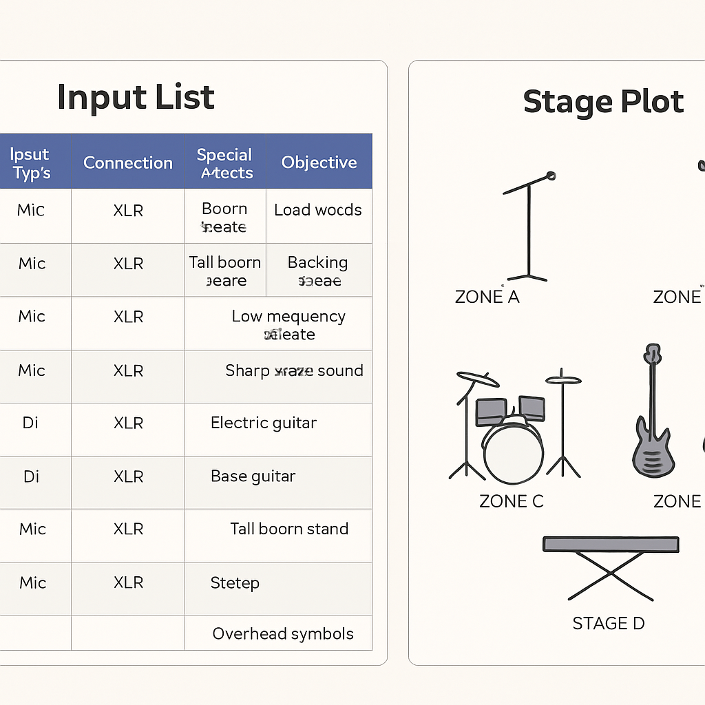 A clean, color‑coded spreadsheet of an input list with columns for instrument, input type, connection, special needs, and objective, next to a simple stage plot diagram. Alt: Input list spreadsheet example with stage zones.