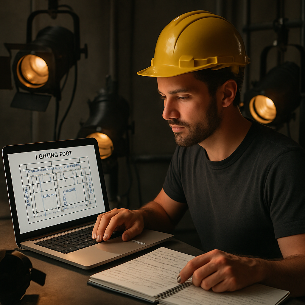 Un technicien d'éclairage analysant un plan de scène sur un ordinateur portable, entouré de projecteurs, avec des notes manuscrites et un casque de protection. Alt: technicien éclairage cahier des charges lighting plot planification