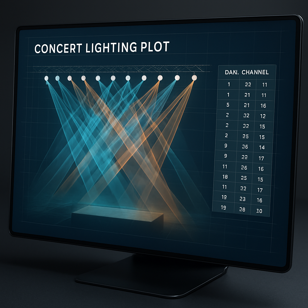 A realistic 3D rendering of a concert lighting plot on a digital screen, showing overlapping light beams and DMX channels. Alt: lighting plot distribution optimization visualisation
