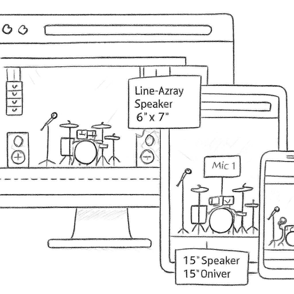 A modern web browser displaying an interactive 2D stage plot with clickable zones, hover tooltips showing equipment specs, and a responsive layout across desktop, tablet, and smartphone. Alt: Plan de scène 2D interactif responsive avec zones cliquables et infobulles techniques