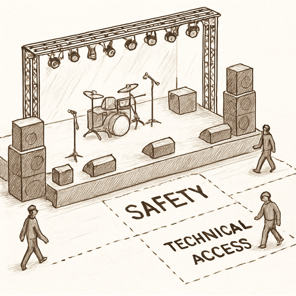 A detailed isometric illustration of a concert stage layout showing speakers, microphones, lighting rigs, and crew members moving around, highlighting zones for safety and technical access. Alt: plan de scène professionnel avec objectifs clairs