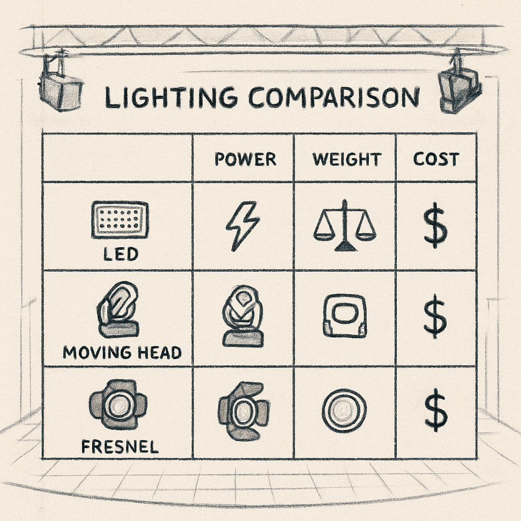 A detailed illustration of a lighting comparison table overlaid on a stage plan, showing rows for LED, moving head, and Fresnel fixtures with icons for power, weight, and cost. Alt: tableau comparatif des options de lumière sur un plan de scène.