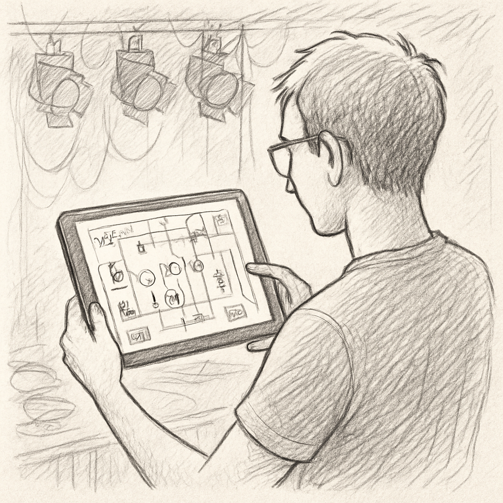 A stage technician reviewing a 2D interactive stage plot on a tablet, with cables and lights in the background. Alt: plan de scène interactif 2D sur tablette.