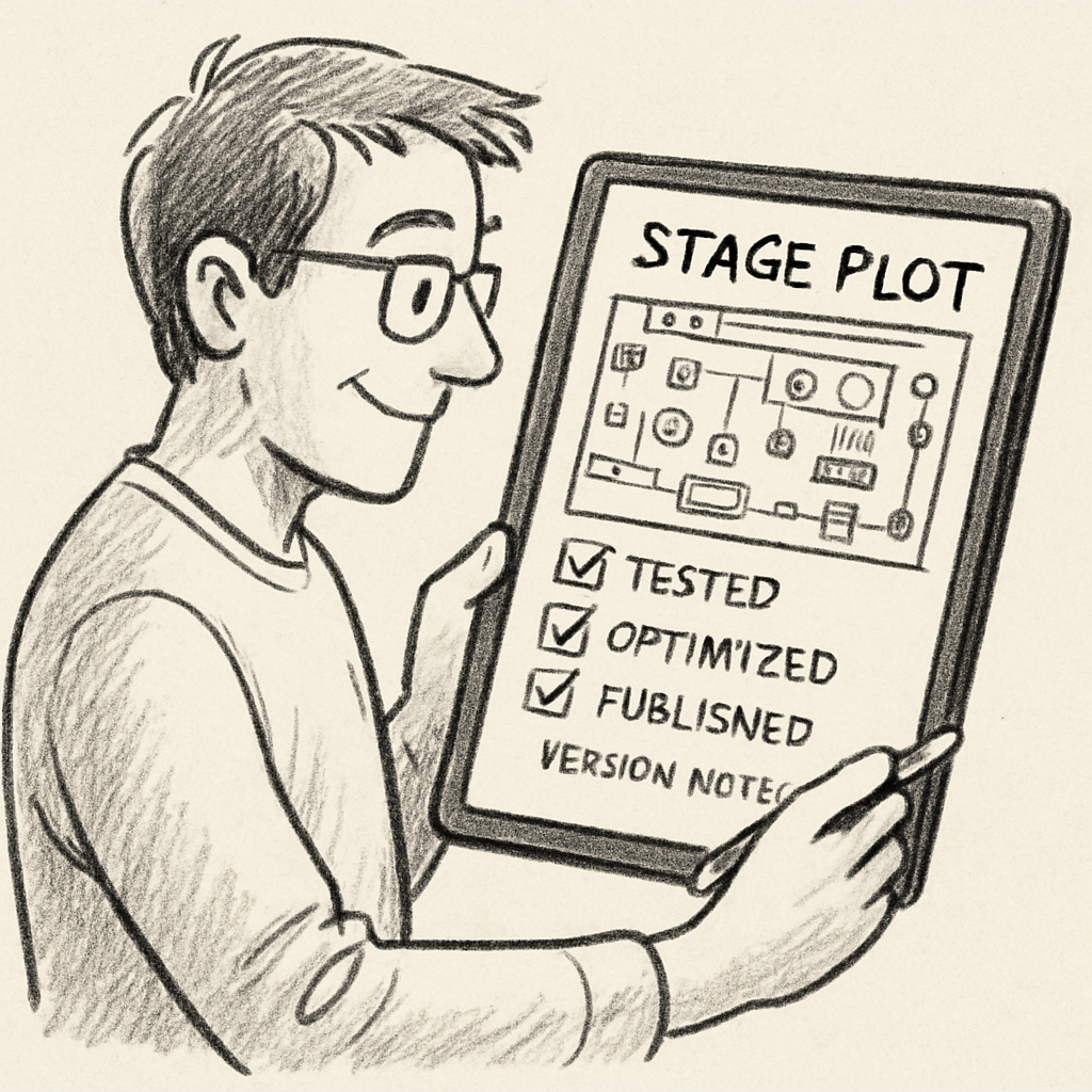 A stage manager reviewing a published 2D interactive stage plot on a tablet, highlighting checkboxes and version notes. Alt: plan de scène interactif 2D testé, optimisé et publié