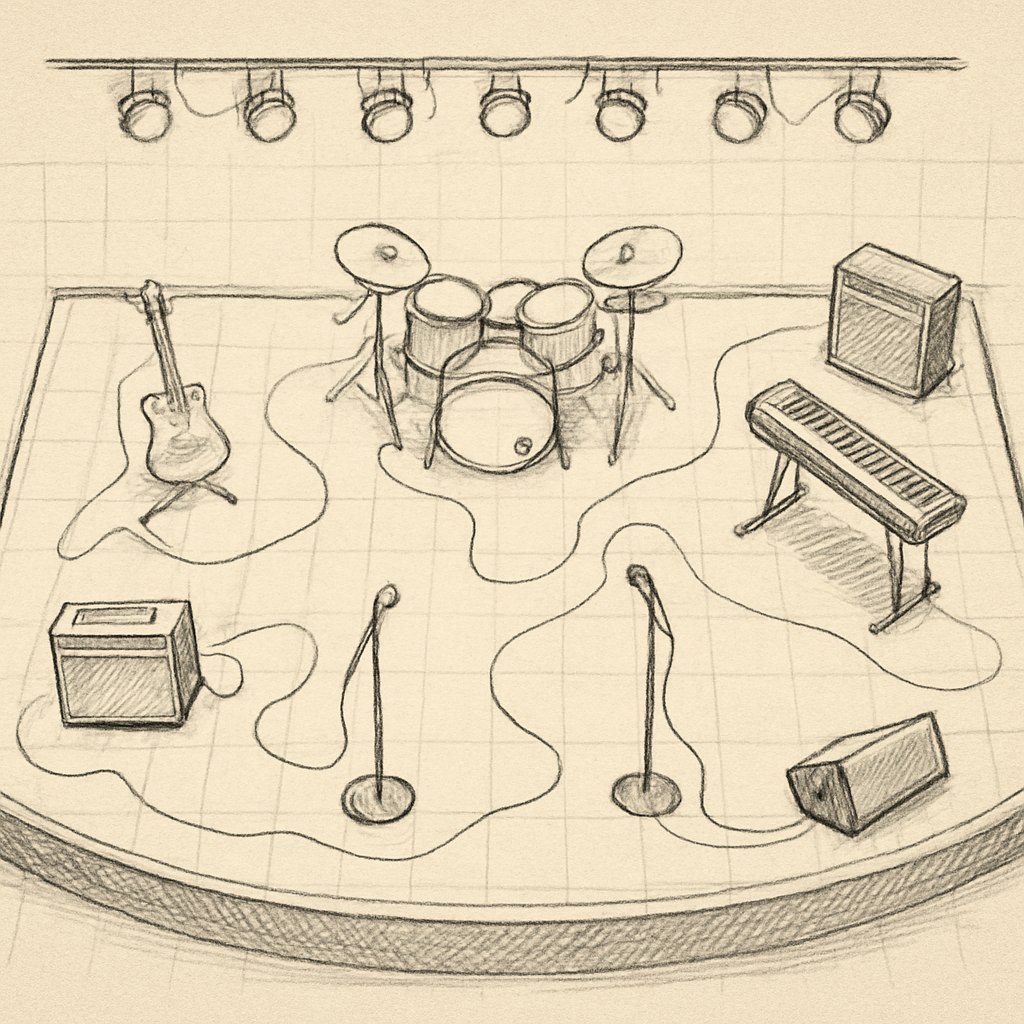 A detailed top-down view of a concert stage layout with instrument symbols and cable routes. Alt: plan de scène concert détaillé.