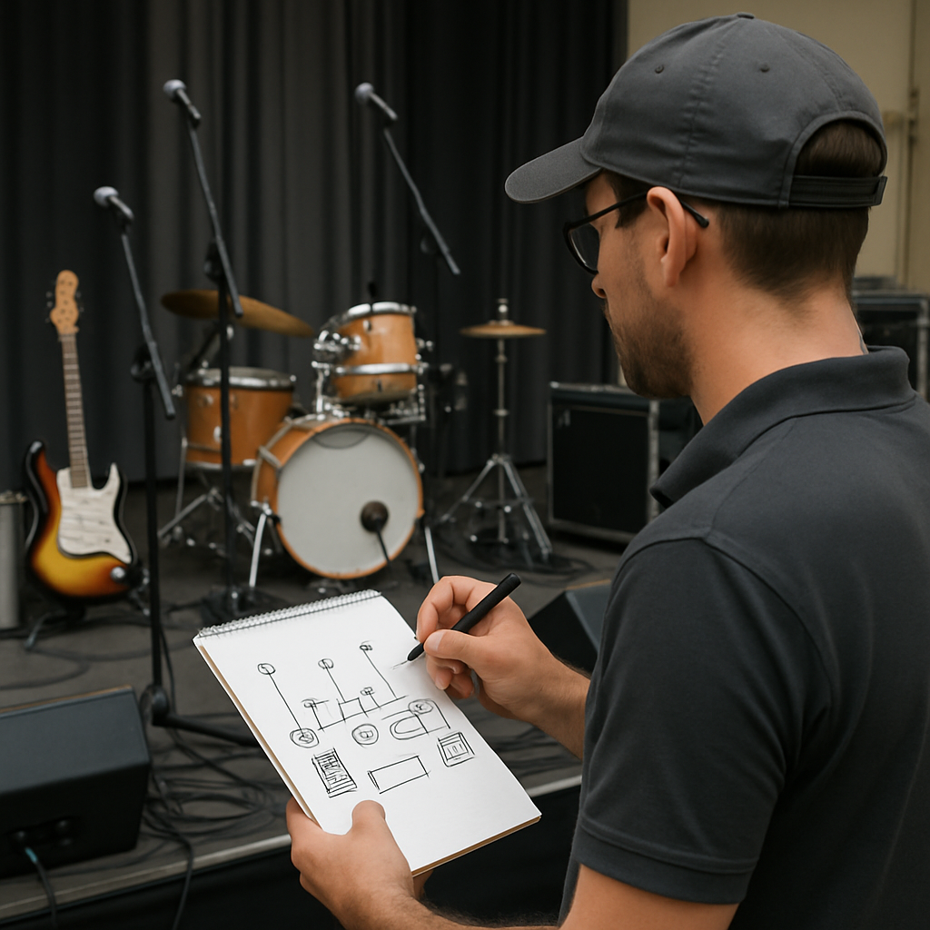 Un technicien prenant des notes tout en observant une scène avec divers instruments et équipements. Alt: Relever la configuration du groupe et du matériel pour créer un stage plot clair et efficace.