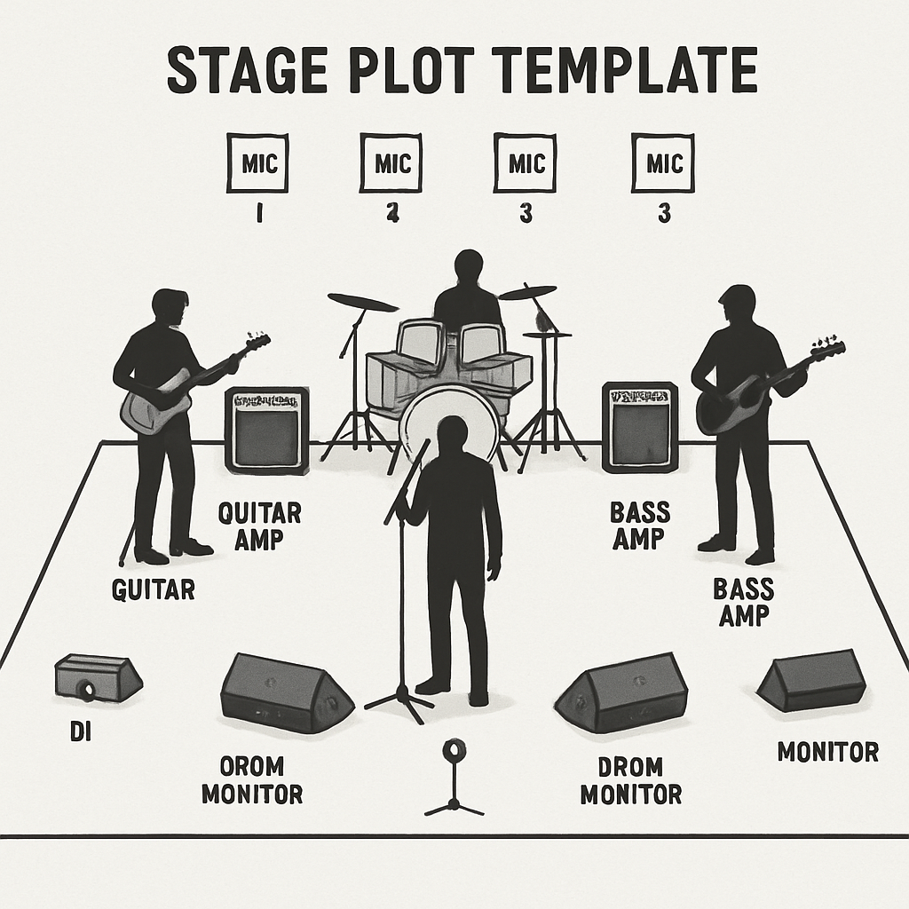 Illustration d’un stage plot template clair et simple avec une scène, musiciens et équipements disposés. Alt: Exemple détaillé de stage plot template pour un concert.