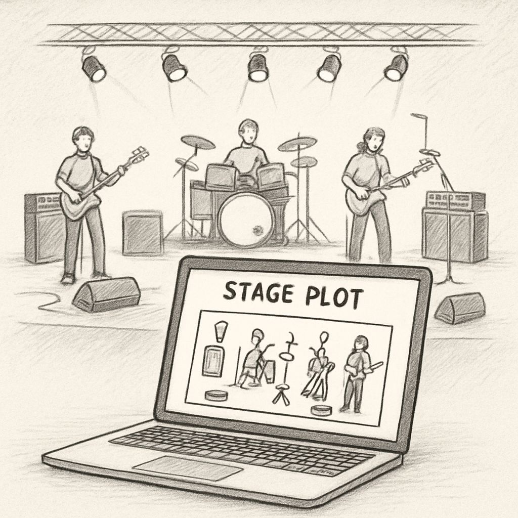 A detailed stage layout with musicians, equipment, and lighting positions, showing a clear PDF template on a laptop screen. Alt: stage plot template PDF example for concert planning.