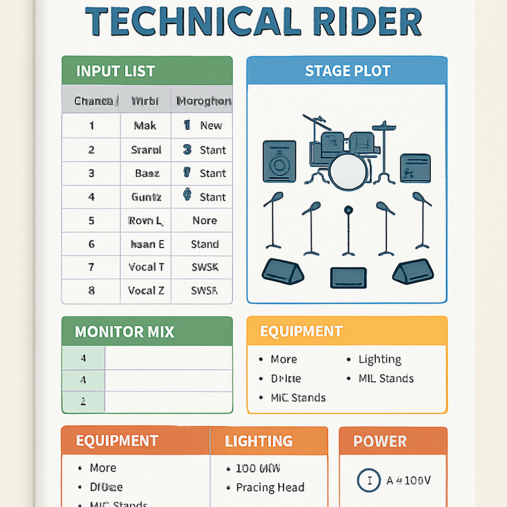 An AI‑generated illustration of a clean, color‑coded technical rider PDF layout with tables, icons for microphones, lights, and power outlets. Alt: technical rider template pdf example with organized sections and visual cues.
