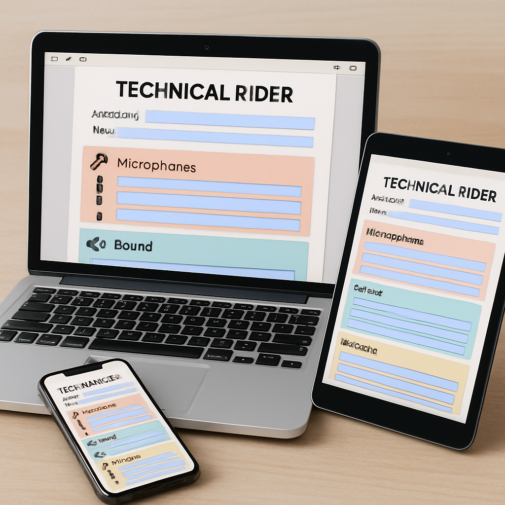 An AI‑generated illustration of a customized technical rider PDF, showing colored sections, icons for microphones, lights, and editable fields, with a laptop, tablet, and smartphone displaying the same document. Alt: technical rider template pdf personnalisé avec couleurs, icônes, champs interactifs.