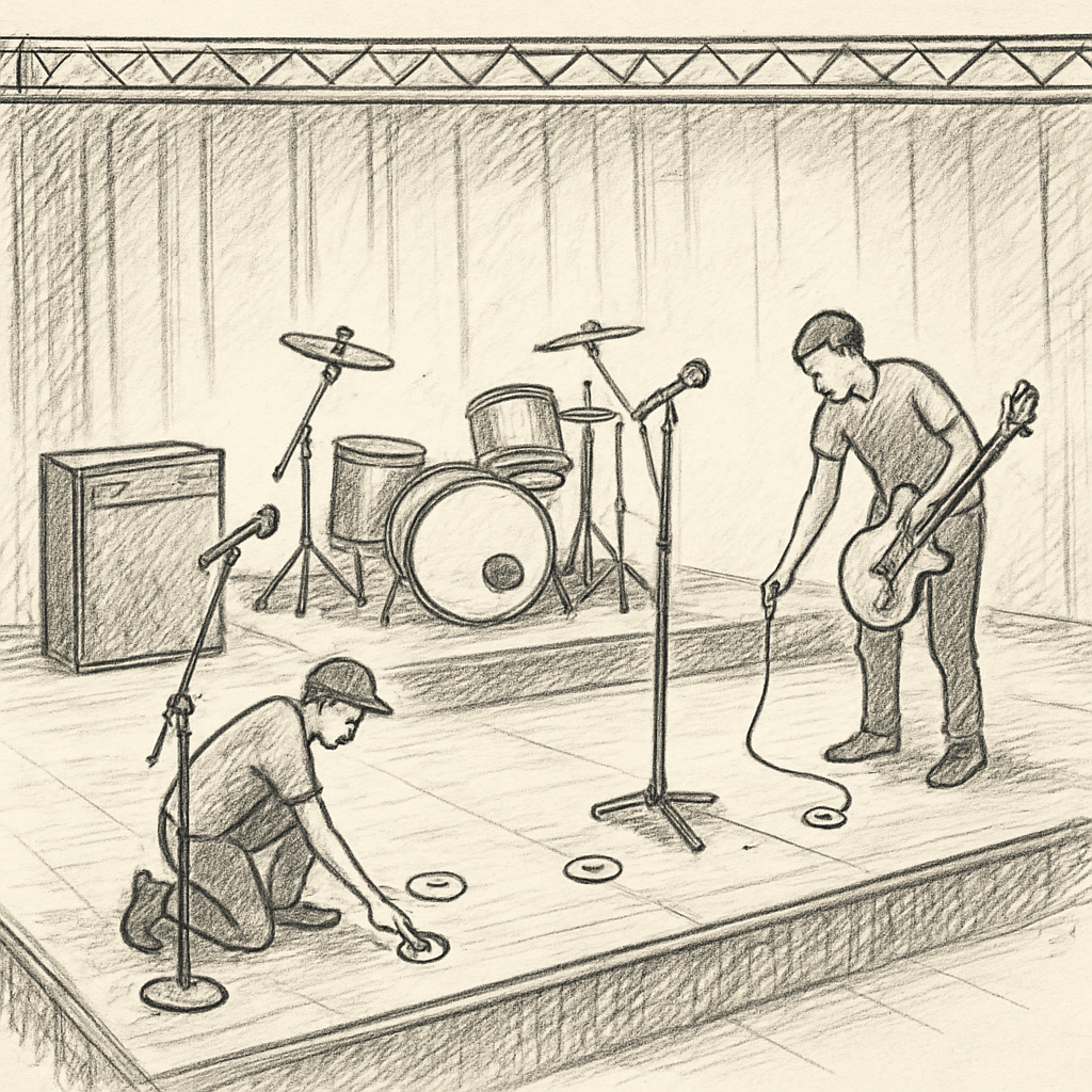 Scène de concert vide vue à 45 degrés, techniciens posant micros et repères au sol. Alt: Plan de scène avec positions micros, instruments et repères pour fiche technique artiste pdf.