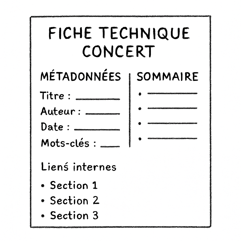 Un aperçu d'un PDF de fiche technique concert optimisé pour le SEO, montrant des métadonnées, un sommaire et des liens internes. Alt: fiche technique concert pdf SEO