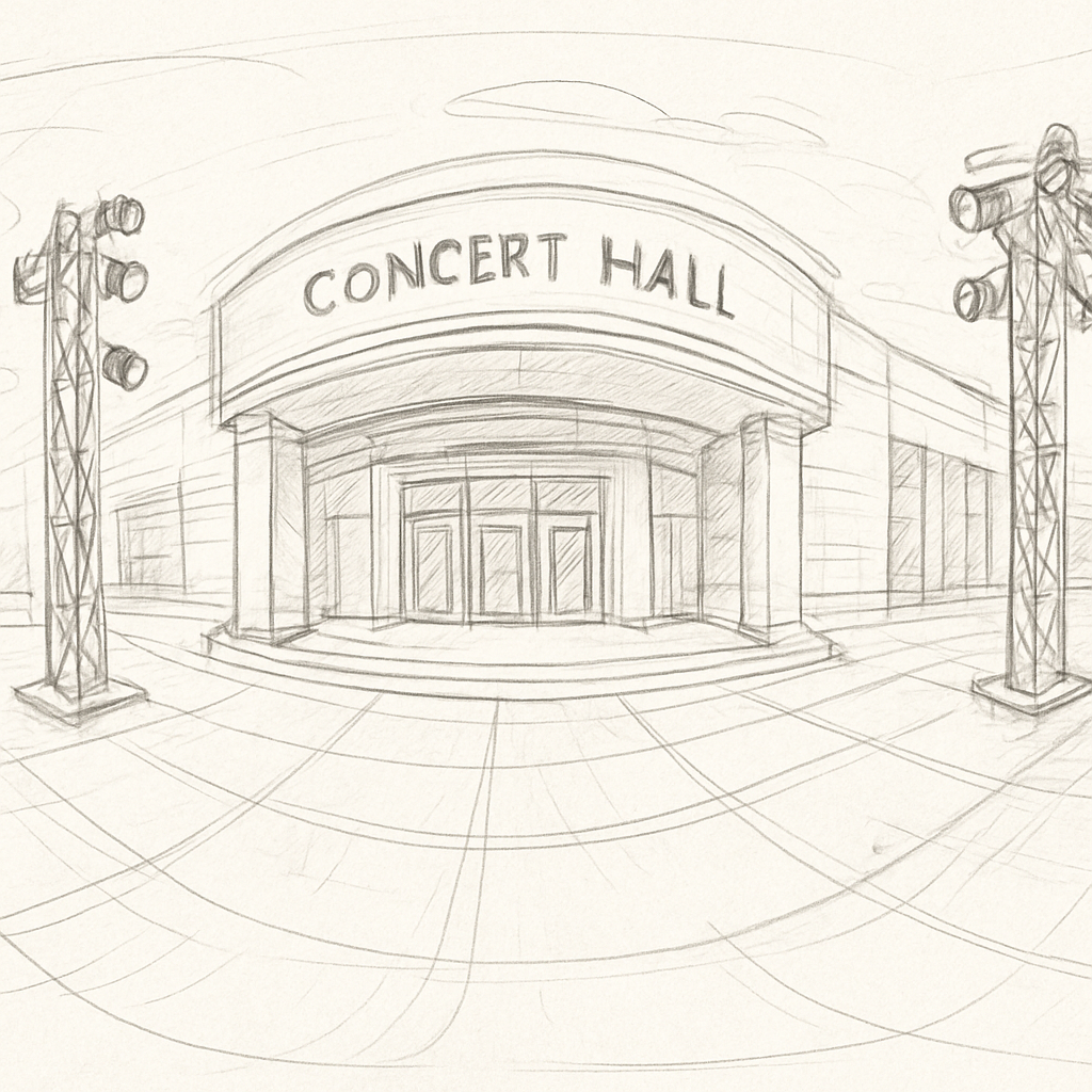 A panoramic 360° view of a concert hall entrance with lighting rigs and floor details visible. Alt: visite virtuelle Google Street View salle de concert entrée panoramique