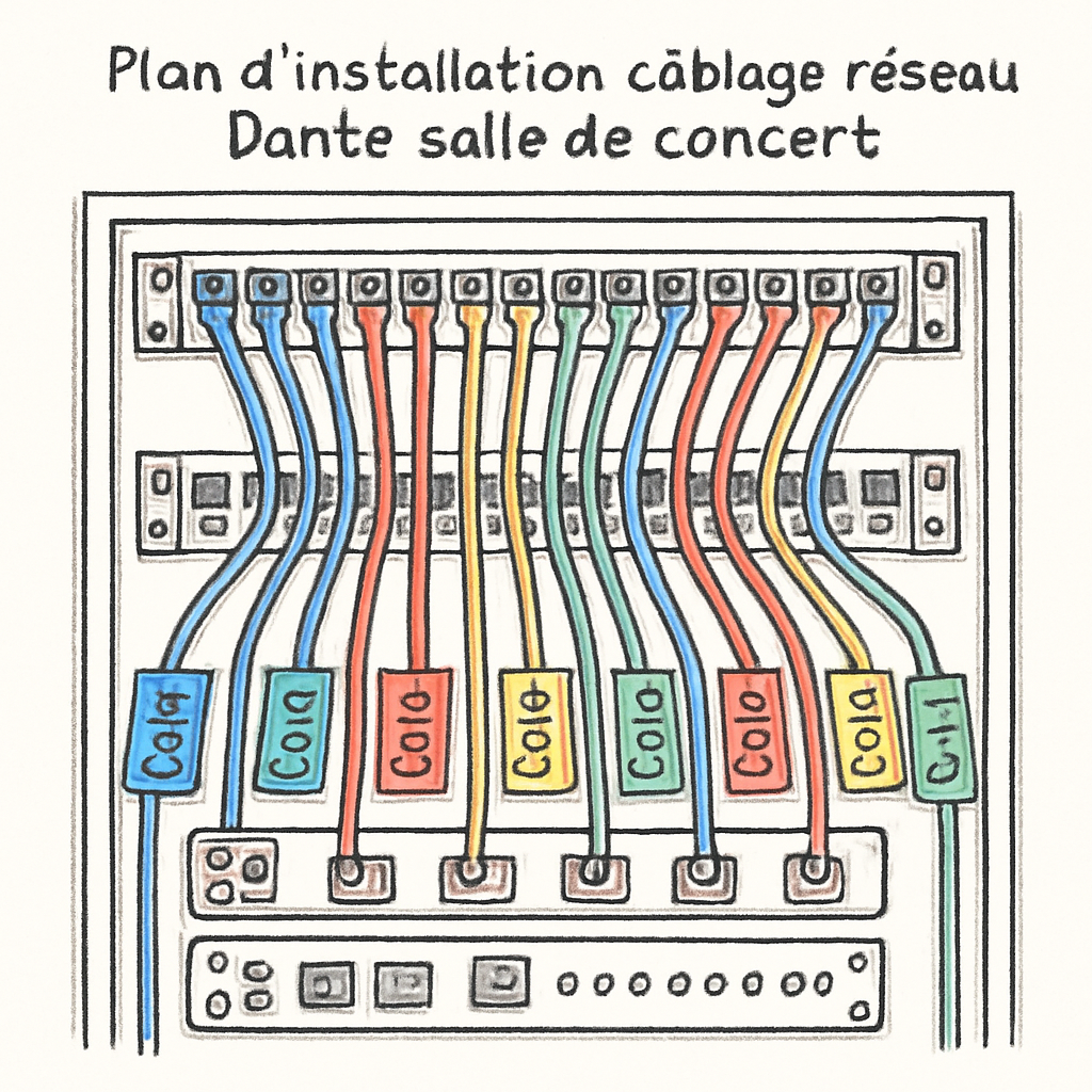 A detailed top‑down view of a concert hall rack with labeled Cat6a cables connecting Dante-enabled devices, showing color‑coded tags and a clean patch panel layout. Alt: Plan d'installation câblage réseau Dante salle de concert, câbles Cat6a étiquetés, panneau de brassage organisé.