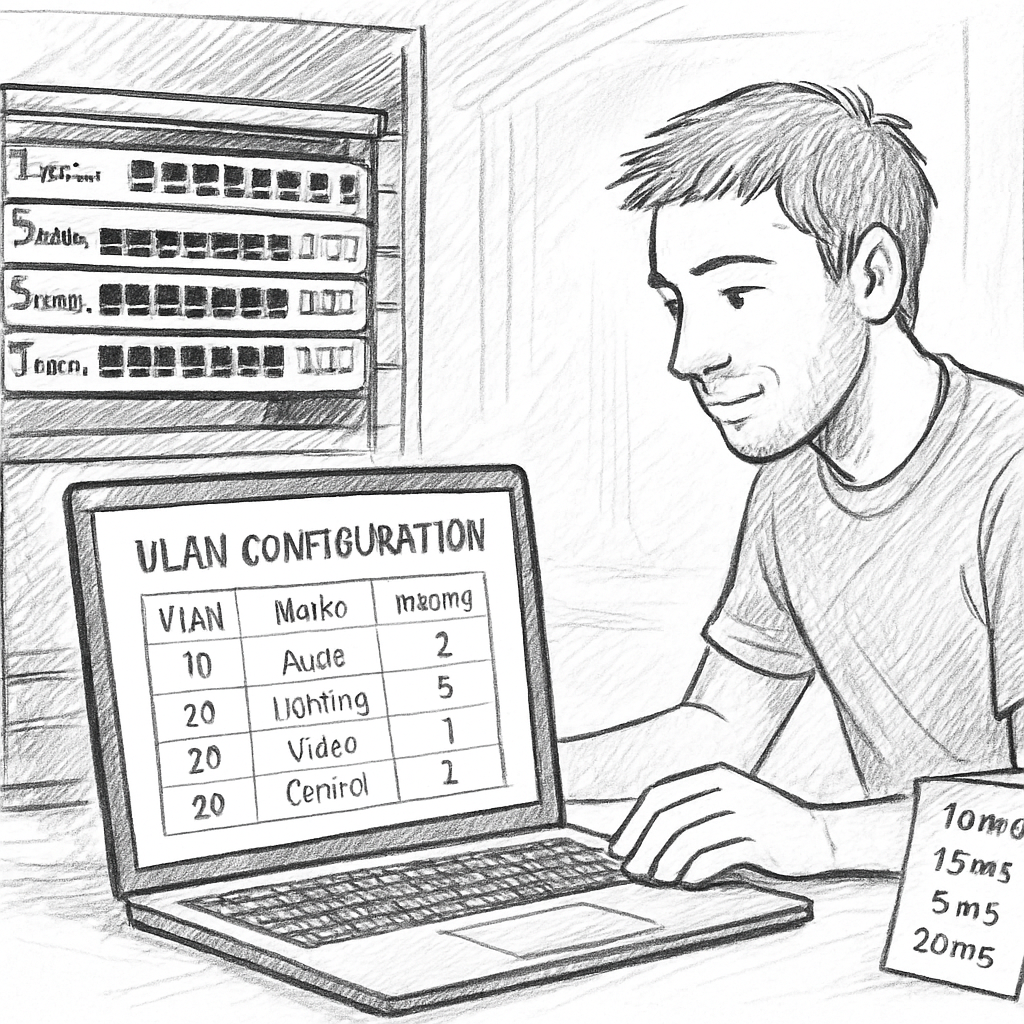A concert hall rack with Dante switches, VLAN configuration screen on a laptop, and a technician checking latency values. Alt: Vérification de latence et optimisation du routage audio Dante dans une salle de concert.