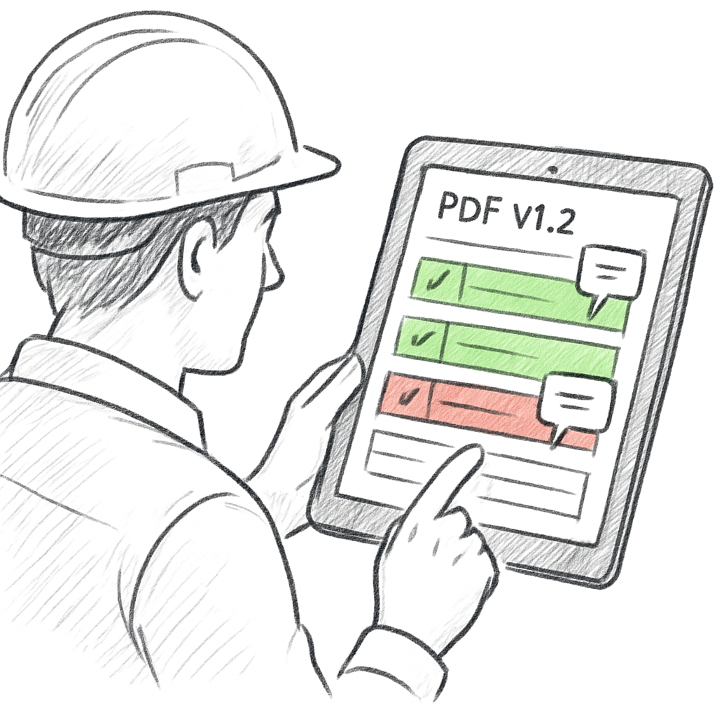 A technician reviewing a PDF on a tablet, with highlighted rows in green and red, showing comment bubbles and a version number at the top. Alt: Validation et partage du document technique de salle de concert, tableau de bord collaboratif.