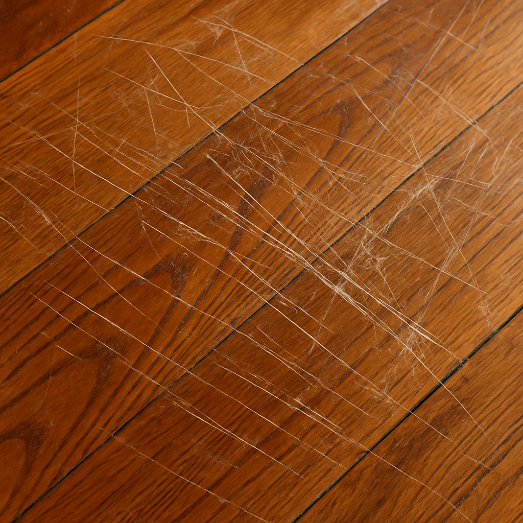 Gros plan sur un plancher en bois verni avec différentes rayures visibles, montrant les zones de vernis intact, terne, et éraflé. Alt: Plancher de bois verni avec rayures superficielles et profondes visibles pour guide d'identification.