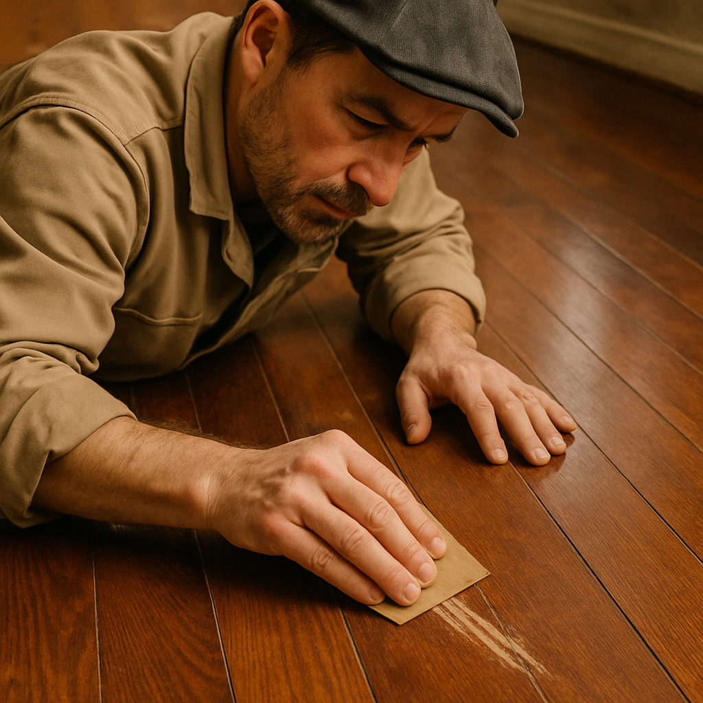 Un artisan en train de poncer soigneusement une zone rayée sur un plancher de bois verni. Alt: Réparation ciblée de rayures profondes sur plancher de bois verni avec ponçage précis.
