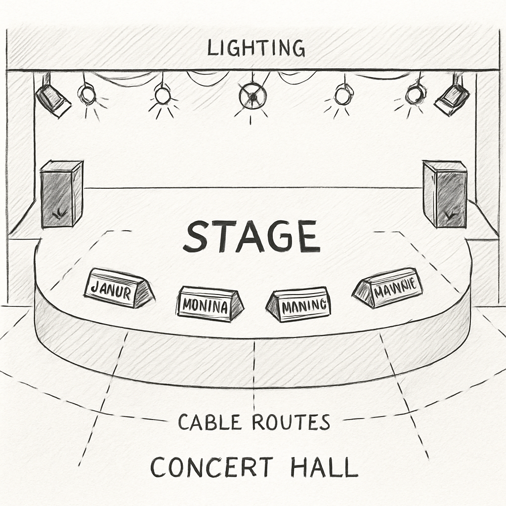 A detailed 2D stage plot showing speakers, monitors, lighting fixtures and cable routes on a concert hall floorplan. Alt: plan de scène 2D détaillé avec équipements et repères de sécurité