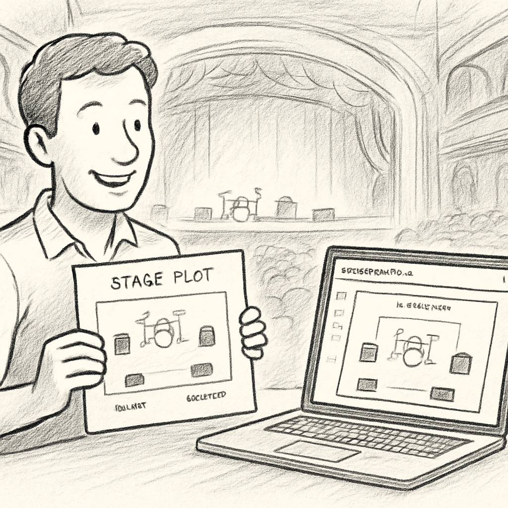 A technician holding a printed stage plot beside a laptop displaying the same plan on the LightStagePlot web interface, with a concert hall background. Alt: Exporter et partager un plan de scène 2D avec LightStagePlot