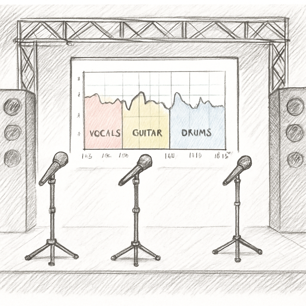 A detailed illustration of a concert stage with wireless microphones, spectrum analyzer readouts, and highlighted frequency bands. Alt: Analyse des besoins en fréquences pour un concert, diagramme de spectre et placement des micros.