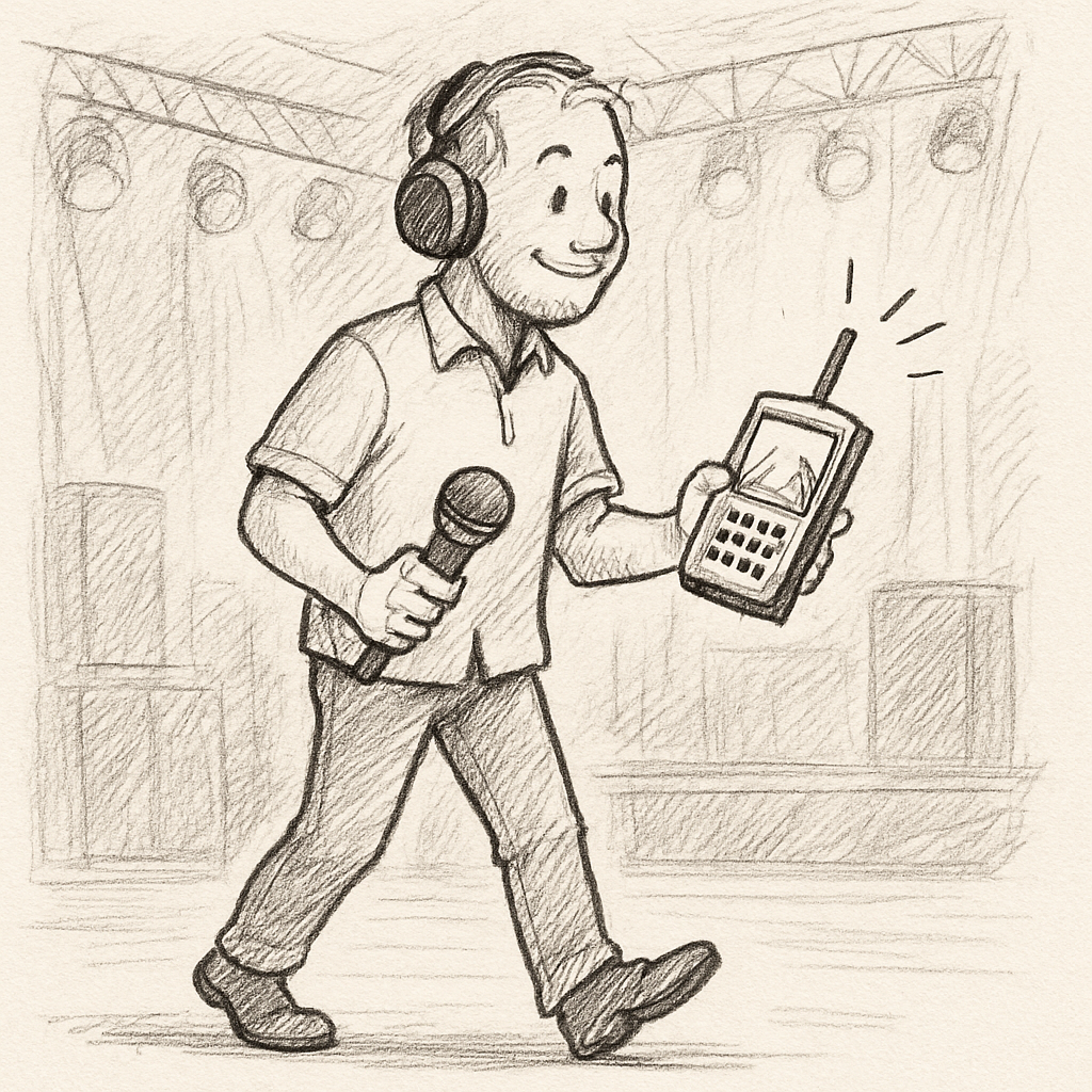 A sound engineer walking the stage with a wireless microphone, checking signal strength on a handheld spectrum analyzer. Alt: tester fréquence micro sans fil en concert.