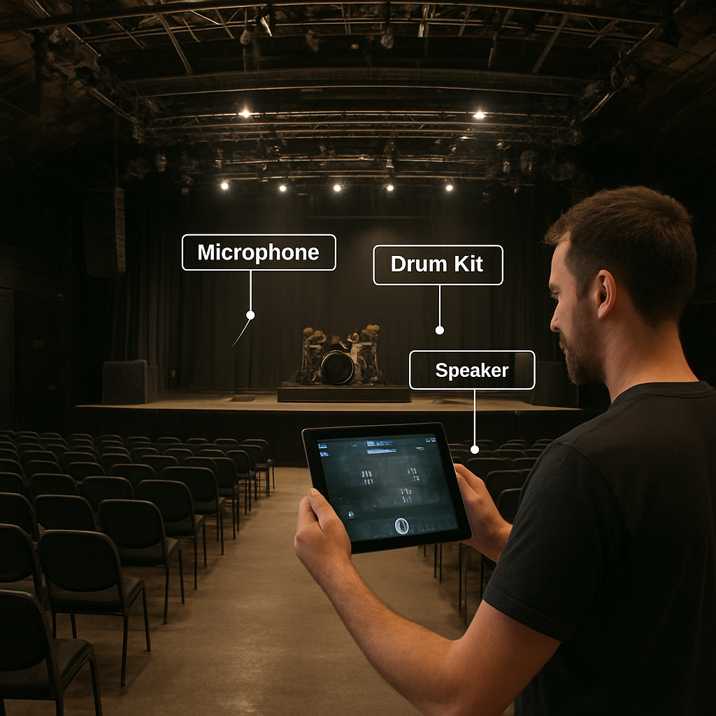 A 360° virtual tour of a concert venue showing interactive hotspots on stage equipment, with clear labels and a technician using a tablet. Alt: intégration de hotspots interactifs dans une visite virtuelle de salle de concert