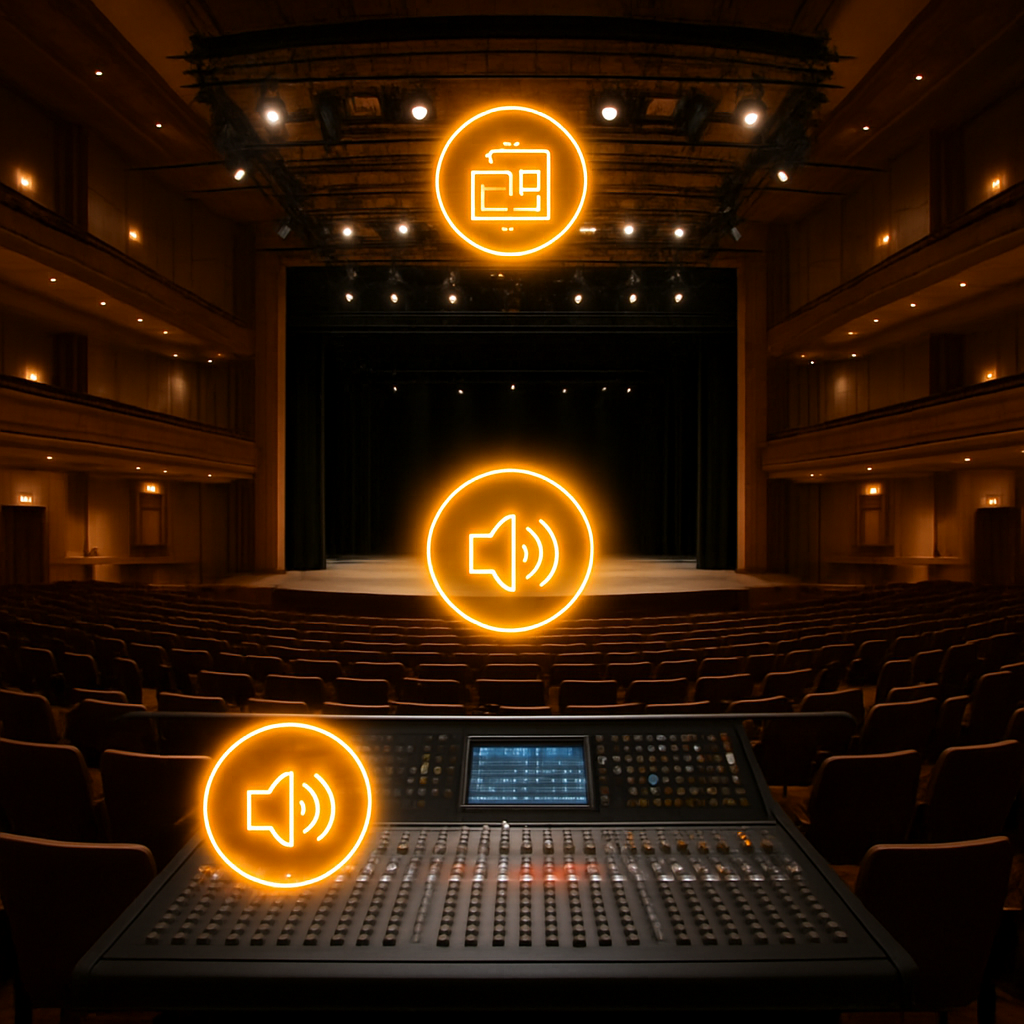 A 3D concert hall view with glowing interactive hotspots highlighting sound console, lighting rigs, and stage plan. Alt: visite virtuelle 3D hotspots interactifs dans une salle de concert