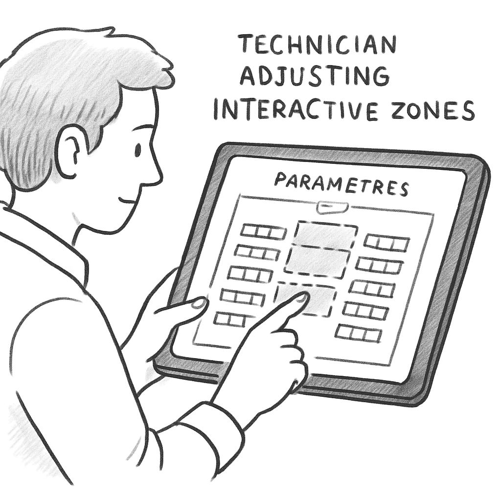 A technician adjusting interactive zones on a tablet screen, showing a responsive venue plan with highlighted click areas. Alt: plan de salle interactif WordPress paramètres de base