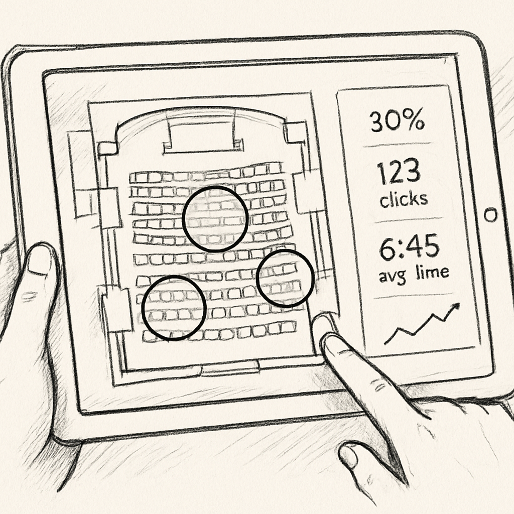 An interactive venue plan displayed on a tablet with highlighted click zones and performance metrics overlay. Alt: tester et analyser performances plan de salle interactif WordPress