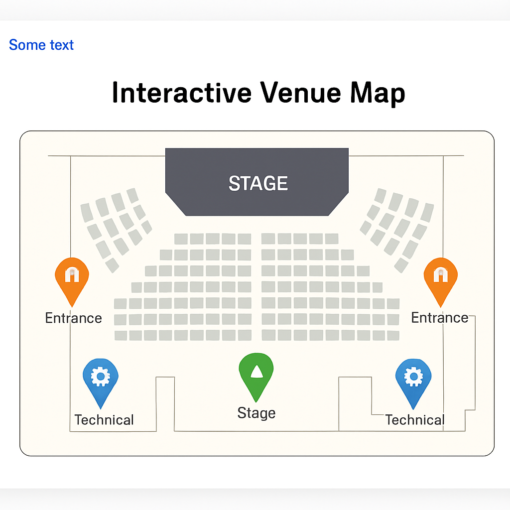A screenshot of an interactive venue map embedded on a website, showing clickable markers for stage, entrances, and technical stations. Alt: plan interactif sur site web pour salle de concert