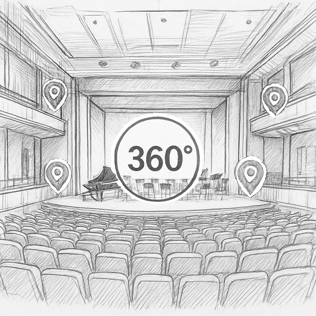 Une vue intérieure d’une salle de concert avec un overlay 360° montrant des hotspots interactifs. Alt: visite virtuelle 360 salle de concert technique