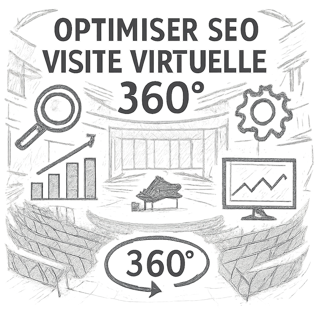 A 360° virtual tour thumbnail overlayed with SEO icons, Alt: Optimiser SEO visite virtuelle 360 salle de concert
