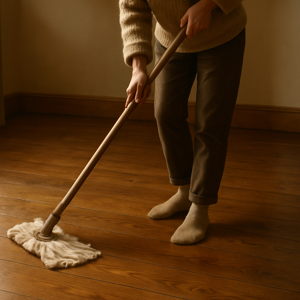 Une personne nettoyant délicatement un plancher huilé avec une serpillière humide, ambiance chaleureuse, lumière douce. Alt: Préparation naturelle et minutieuse d’un plancher bois avant lustrage.