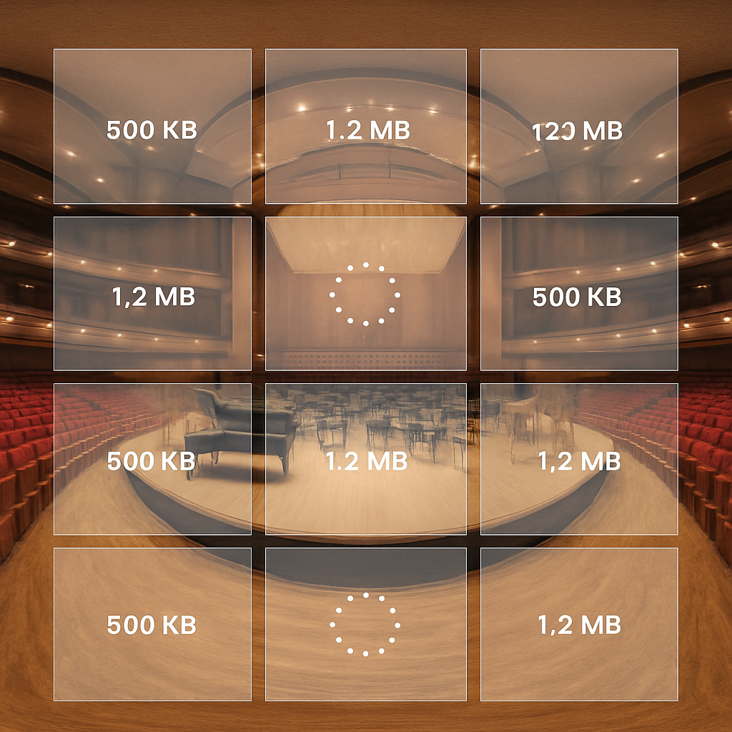 Un panorama 360° d’une salle de concert, affichant des tuiles d’image en cours de chargement, avec des indicateurs de taille de fichier. Alt: Analyse de la taille et du poids des fichiers 360° pour optimiser le chargement